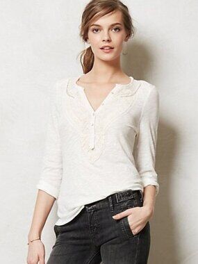 Meadow Rue White Ivory Lace Overlay Cotton Henley